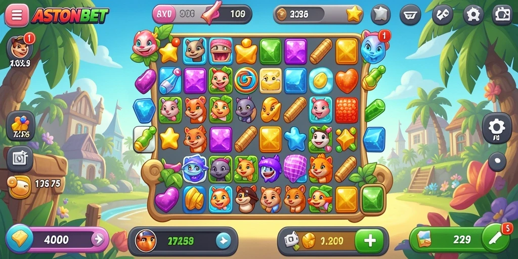 Tampilan gameplay ASTONBET dengan kombinasi match-3 yang seru.
