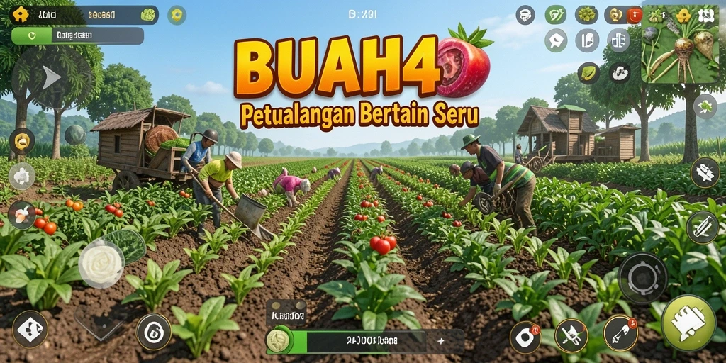 Tampilan gameplay BUAH4D dengan kebun yang subur dan tanaman yang berkembang.