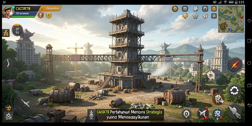 Gambaran permainan Tower Defense dengan aksi menara menghancurkan musuh.