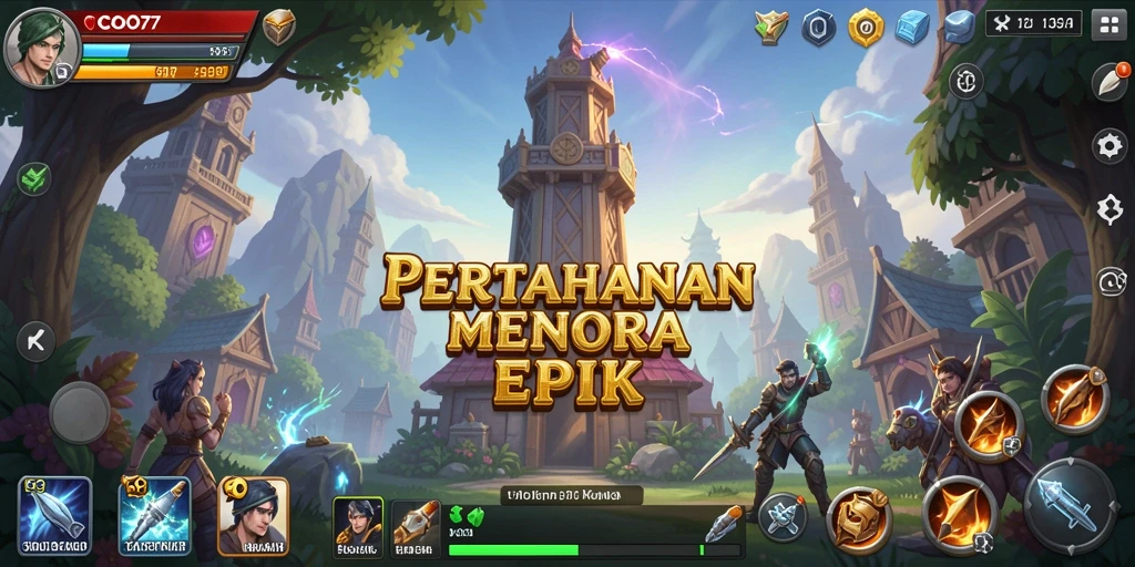 Tangkapan layar dari gameplay COO77 dengan menara pertahanan yang megah.