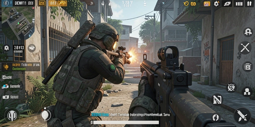 Tampilan gameplay DEWI11 yang intens dan menarik dalam pertempuran FPS.