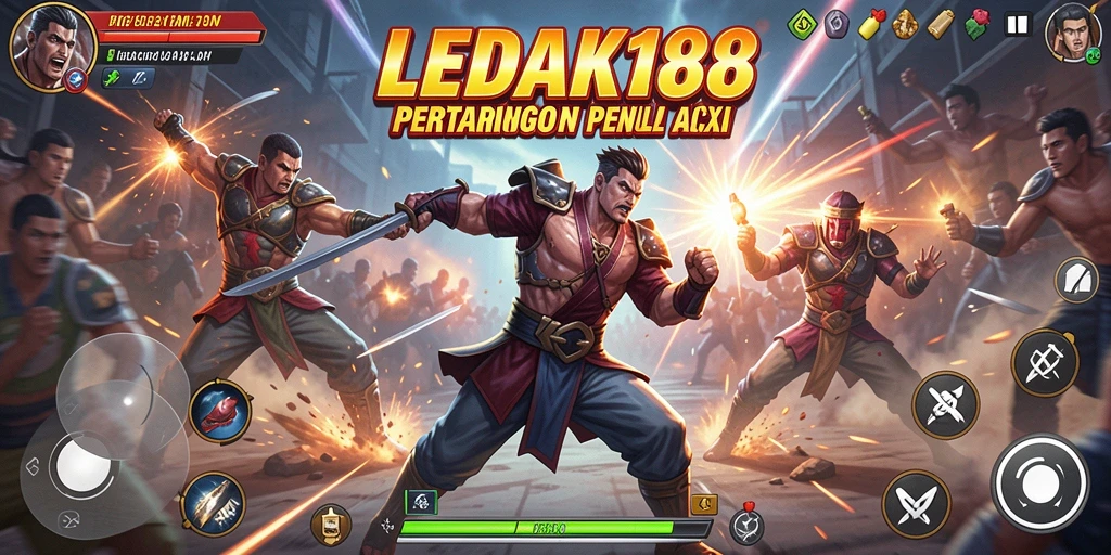 Screenshot game LEDAK188 yang menunjukkan aksi pertarungan intens dan karakter unik.