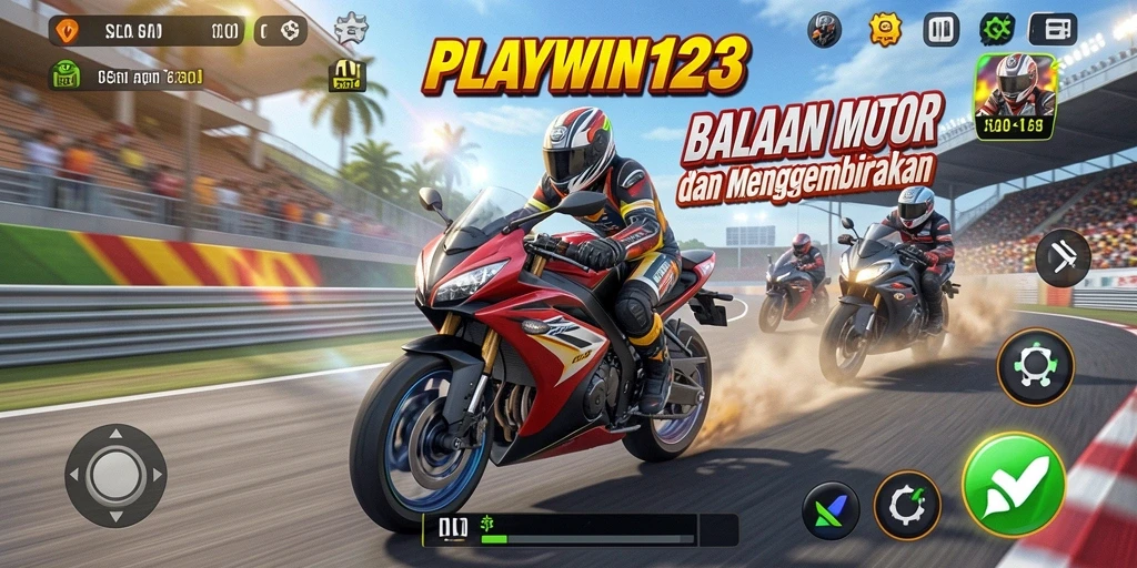 Screenshot utama <strong>PLAYWIN123</strong> menampilkan aksi balapan motor yang seru.